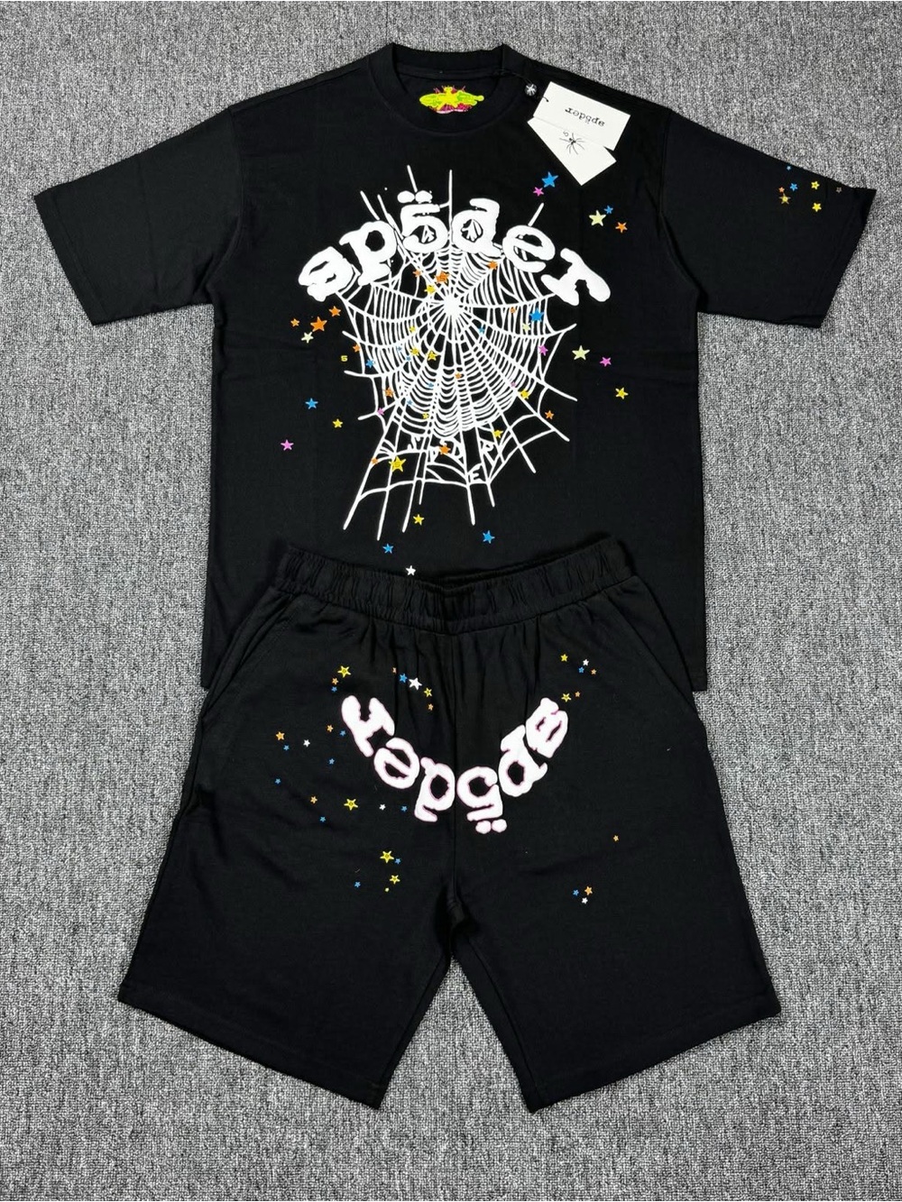 Black Sp5der Graphic Tee & Shorts Set
